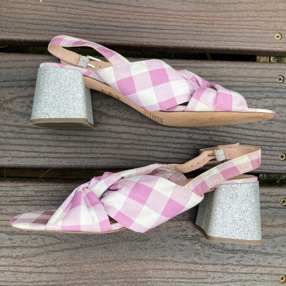 J. Crew JCrew Twisted Knot Penny Sandals Gingham Purple Silver Glitter Heel 8.5 - Picture 8 of 11
